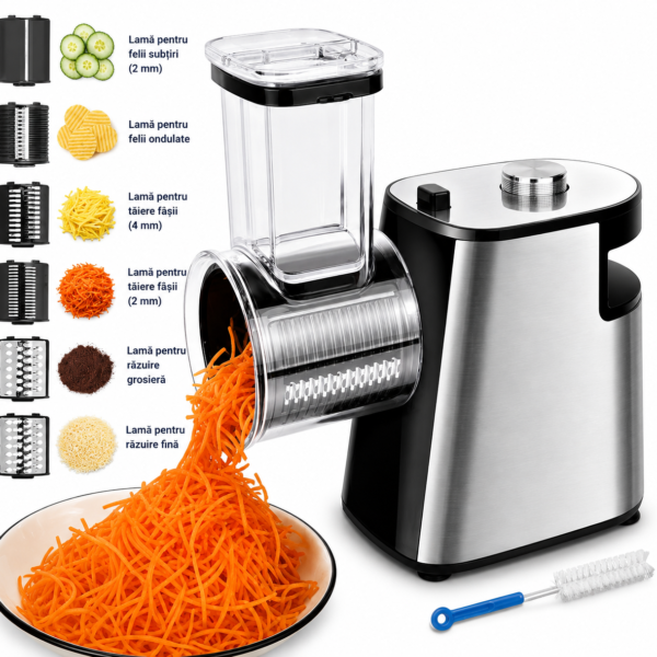 Răzătoare Electrică și Feliator pentru Legume, 1500W, 6 Lame Interschimbabile, Feliere și Mărunțire, 220-240V, Inox